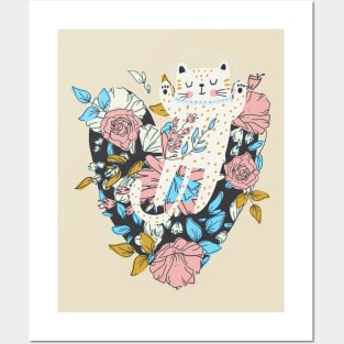 Cute Cat Austronaut Dreamer with Flowers Posters and Art